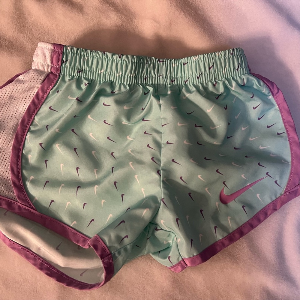 Toddler Nike dry fit shorts in mint green, white and purple. Sz 1-2 years
